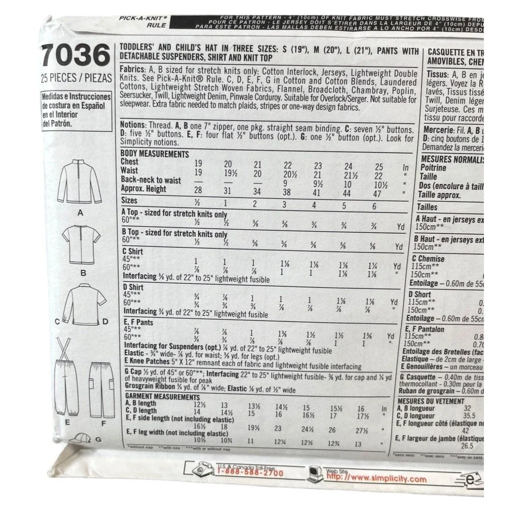 Simplicity‎ Sewing Pattern 7036 Hat Shirt Pants Overalls Child Size 1/2-2